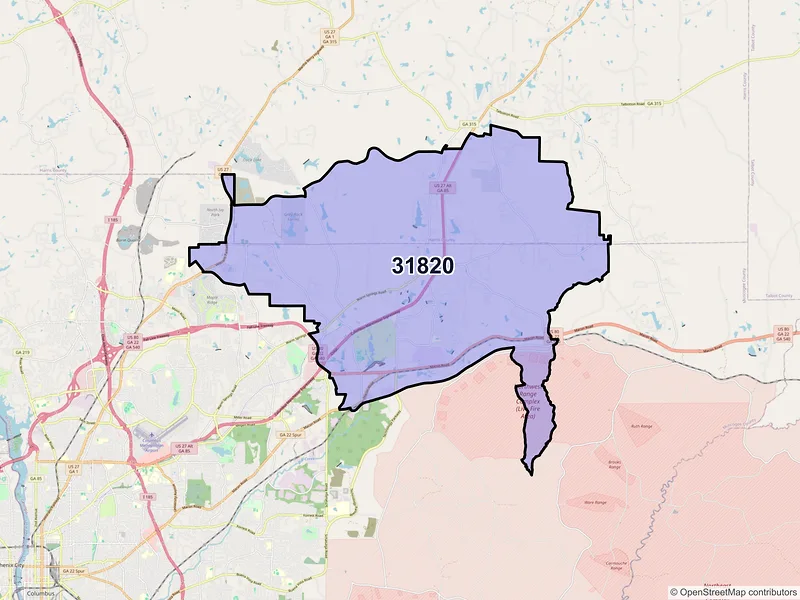 Map of Midland, Georgia and ZIP codes