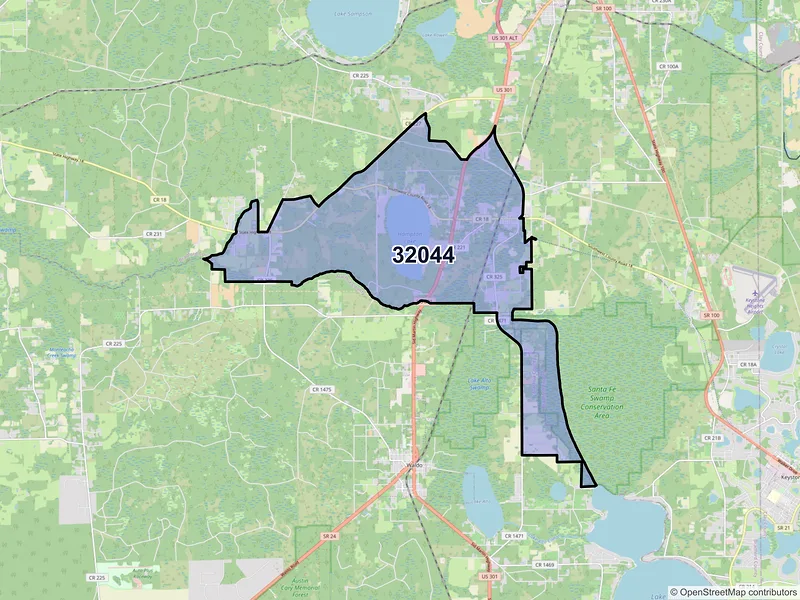 Map of Hampton, Florida and ZIP codes