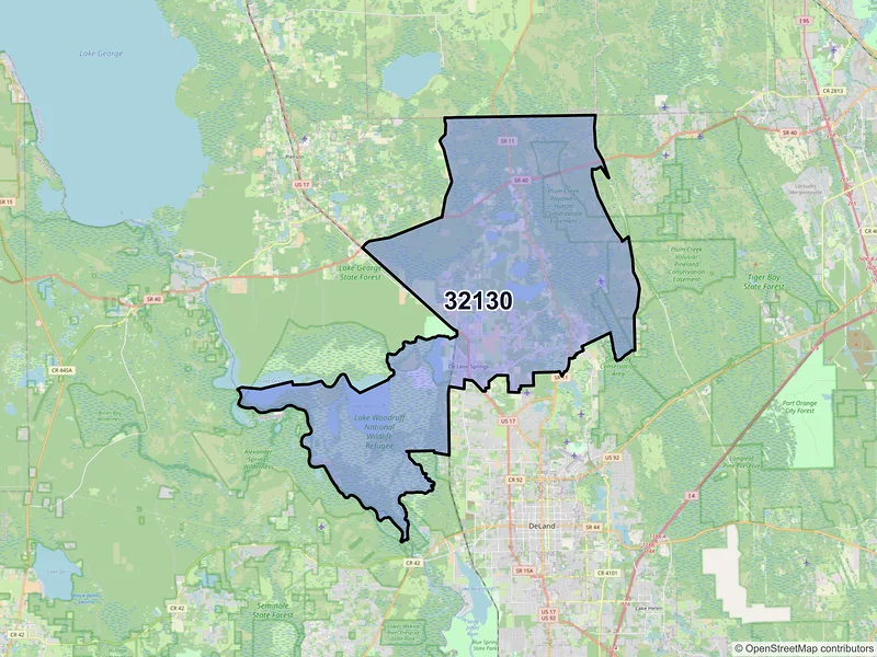 Map of De Leon Springs, Florida and ZIP codes