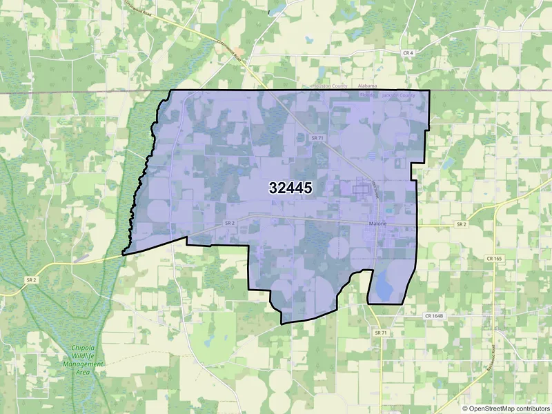 Map of Malone, Florida and ZIP codes