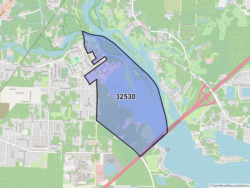 Map of Bagdad, Florida and ZIP codes