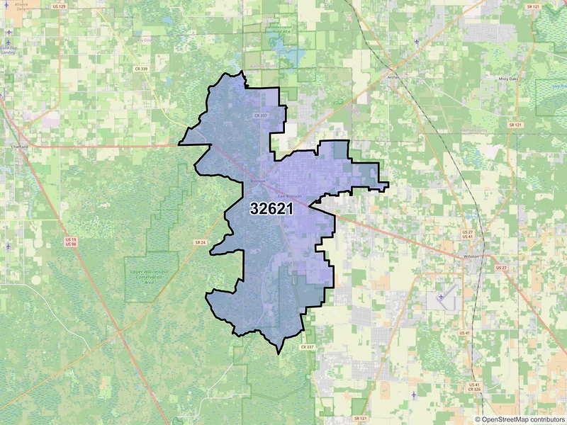 Map of ZIP Code 32621 — Bronson, FL