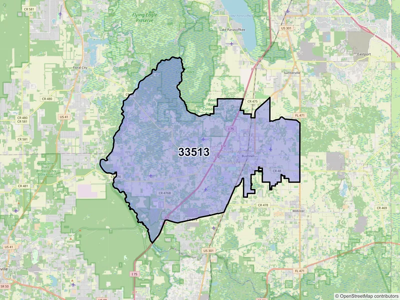 Map of ZIP Code 33513 — Bushnell, FL