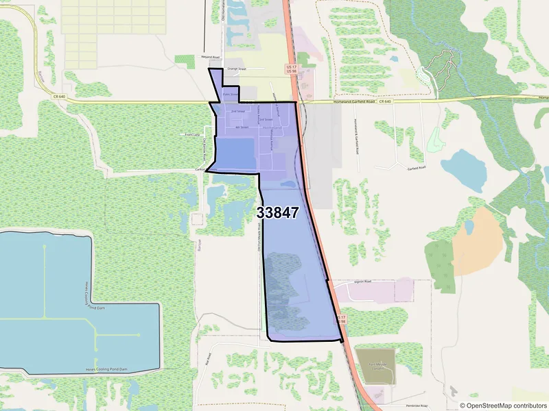 Map of Homeland, Florida and ZIP codes