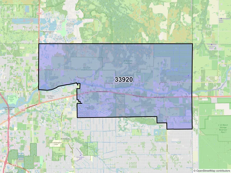 Map of ZIP Code 33920 — Alva, FL