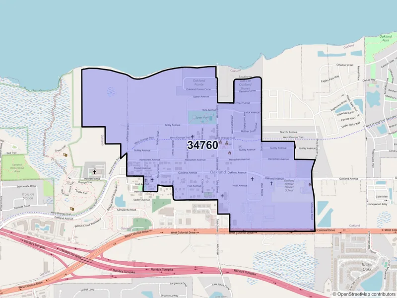 Map of Oakland, Florida and ZIP codes