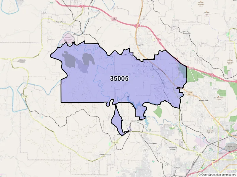 Map of ZIP Code 35005 — Adamsville, AL