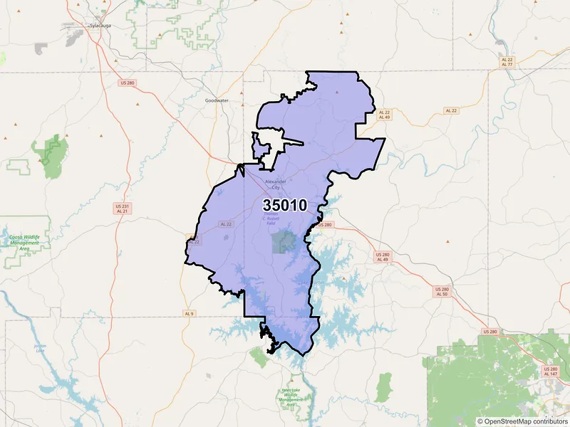 Map of ZIP Code 35010 — Alexander City, AL
