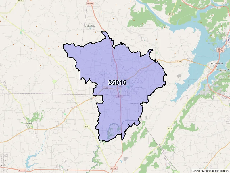 Map of ZIP Code 35016 — Arab, AL
