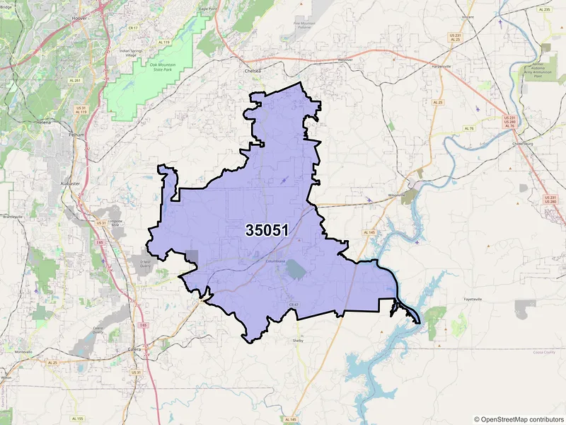 Map of ZIP Code 35051 — Columbiana, AL
