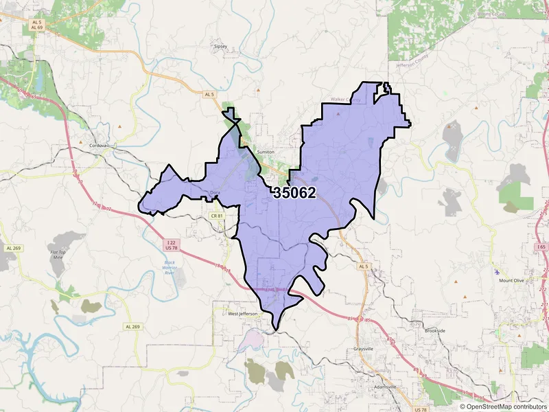 Map of ZIP Code 35062 — Dora, AL