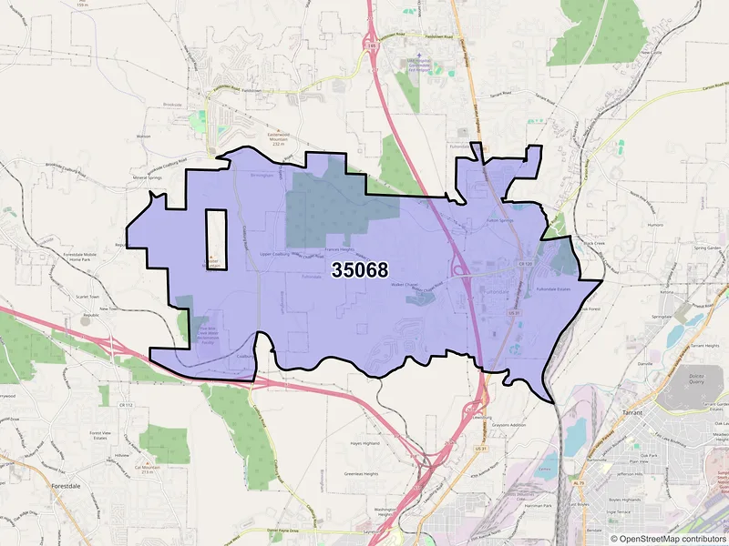 Map of ZIP Code 35068 — Fultondale, AL