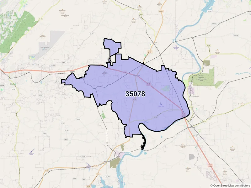 Map of ZIP Code 35078 — Harpersville, AL