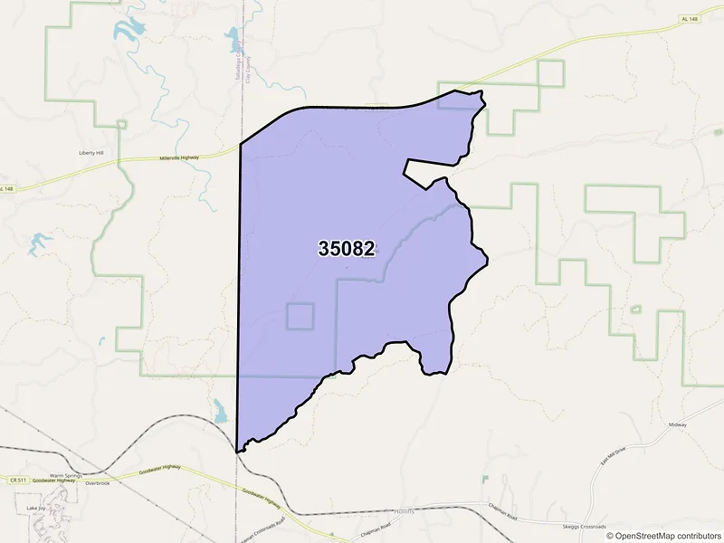 Map of Hollins, Alabama and ZIP codes