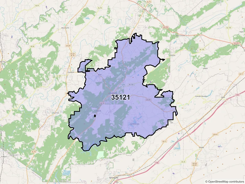 Map of ZIP Code 35121 — Oneonta, AL