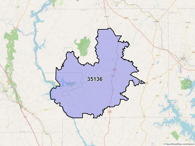 Map of ZIP Code 35136 — Rockford, AL