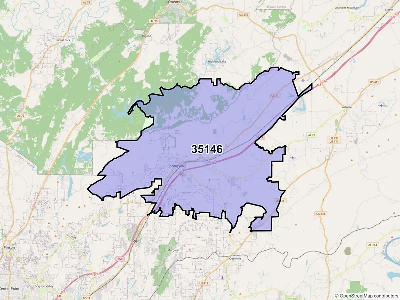 Map of Springville, Alabama and ZIP codes