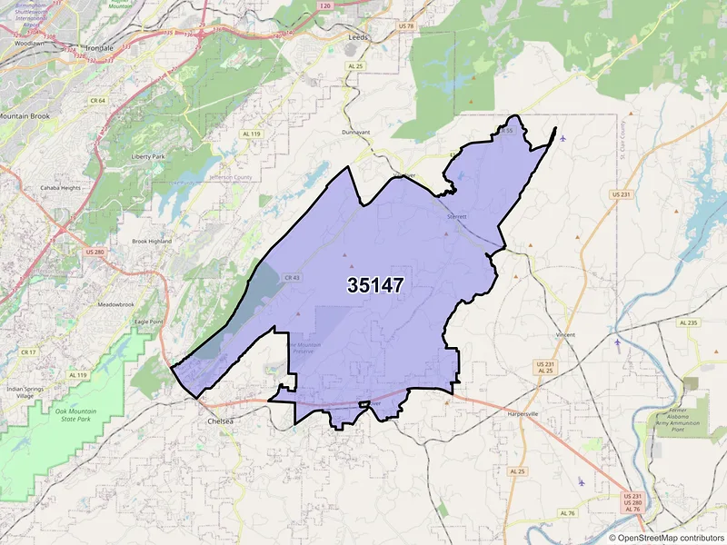 Map of ZIP Code 35147 — Sterrett, AL