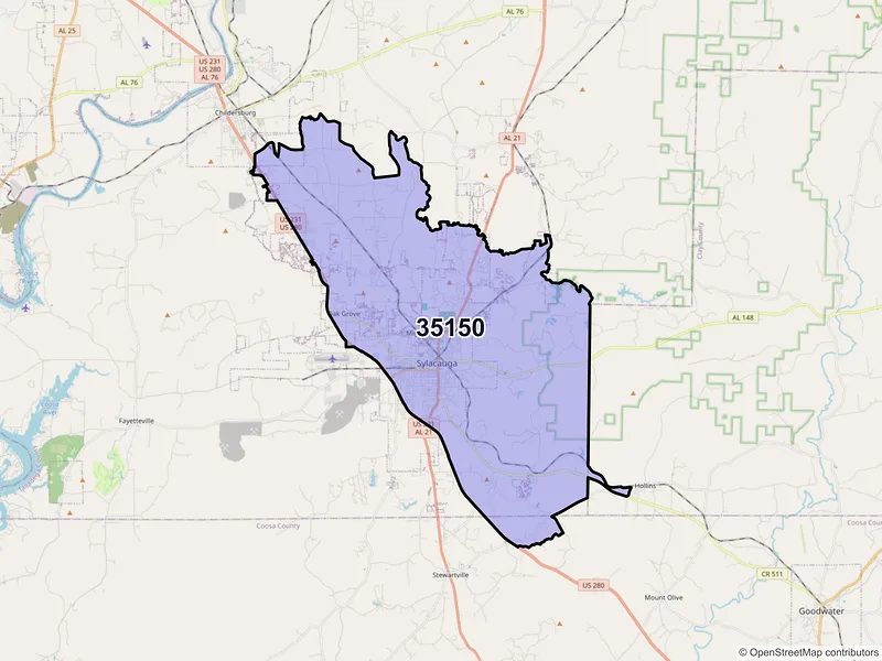 Map of ZIP Code 35150 — Sylacauga, AL