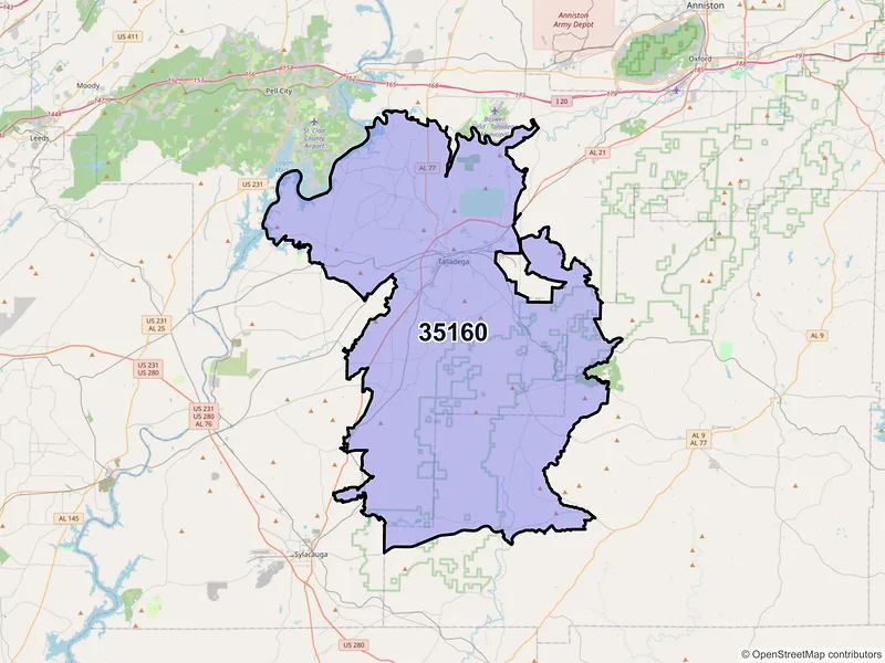 Map of ZIP Code 35160 — Talladega, AL