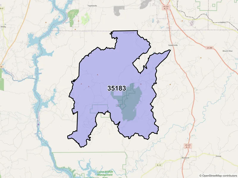 Map of ZIP Code 35183 — Weogufka, AL