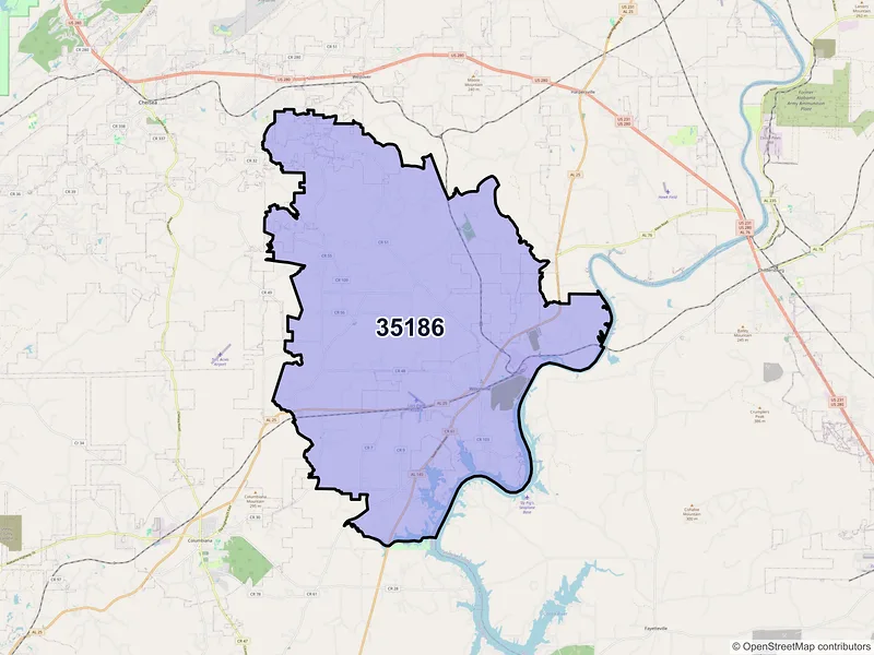 Map of ZIP Code 35186 — Wilsonville, AL