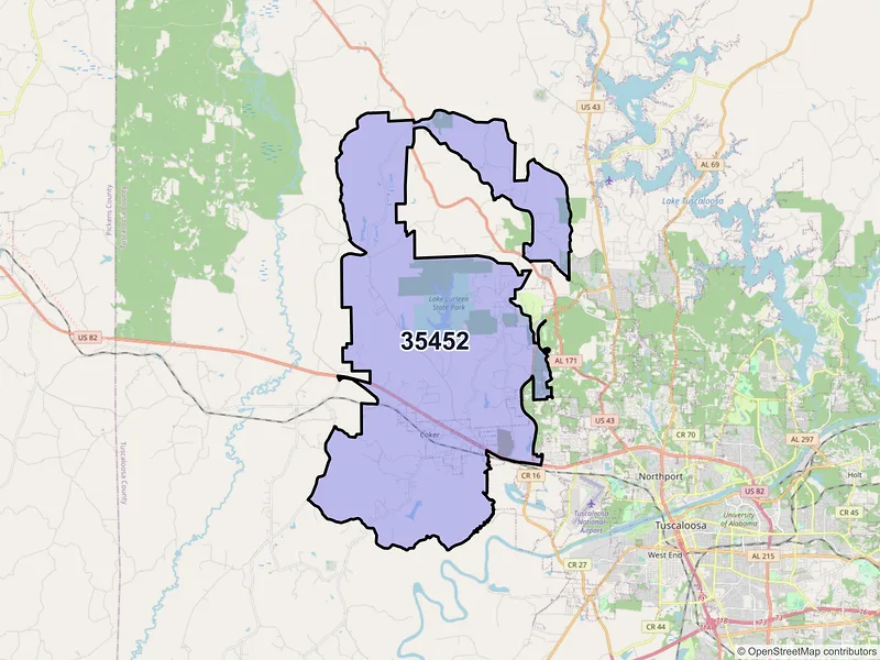 Map of ZIP Code 35452 — Coker, AL