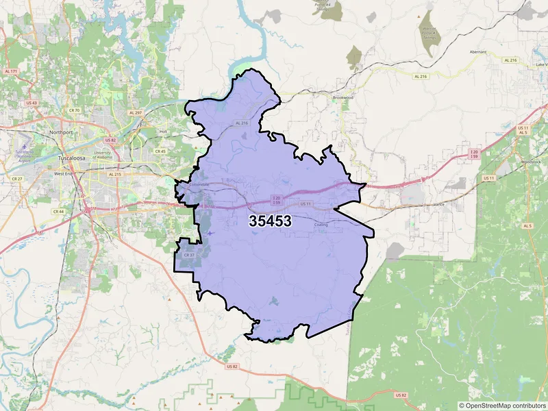 Map of ZIP Code 35453 — Cottondale, AL