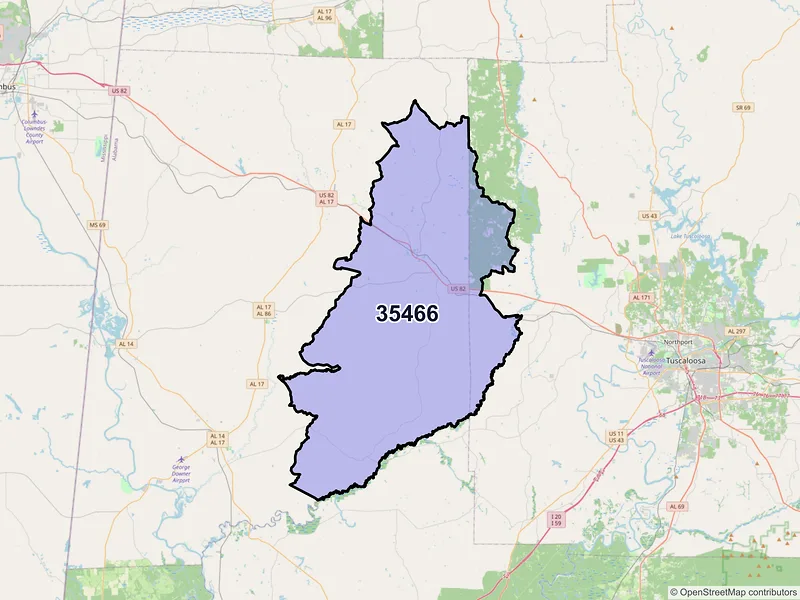 Map of ZIP Code 35466 — Gordo, AL