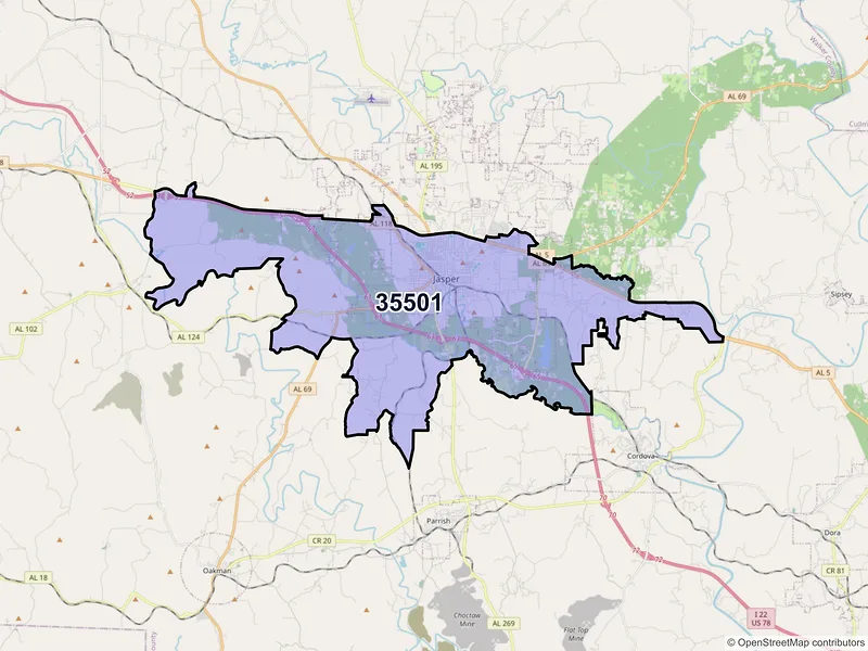 Map of ZIP Code 35501 — Jasper, AL