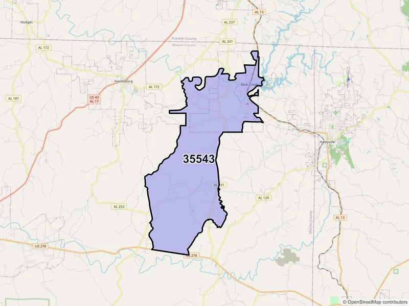 Map of ZIP Code 35543 — Bear Creek, AL