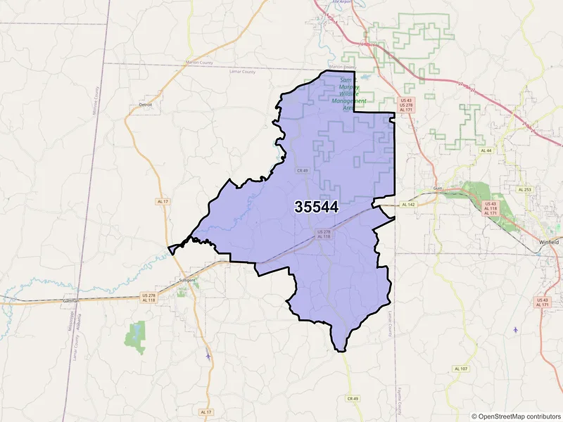 Map of ZIP Code 35544 — Beaverton, AL