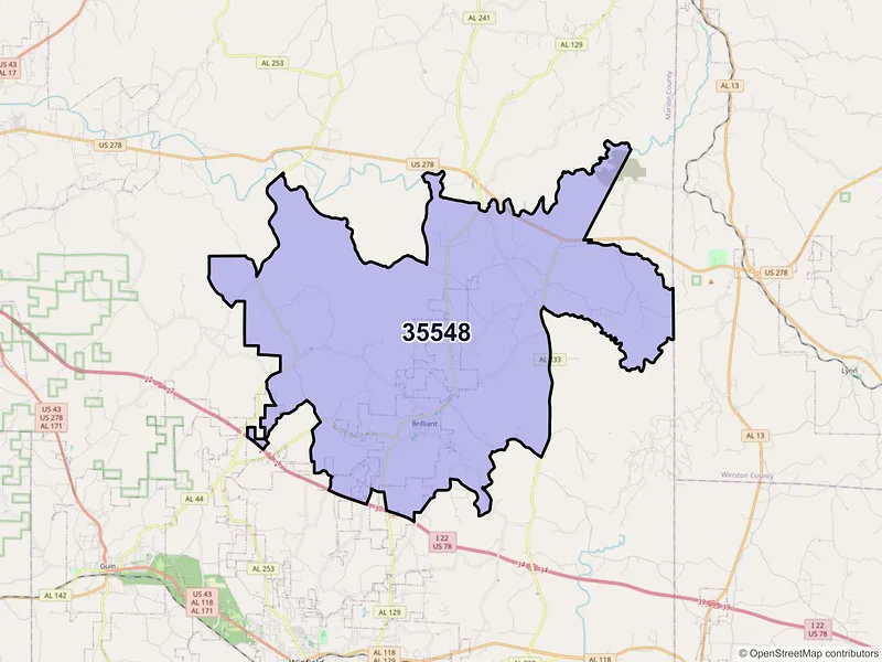 Map of Brilliant, Alabama and ZIP codes