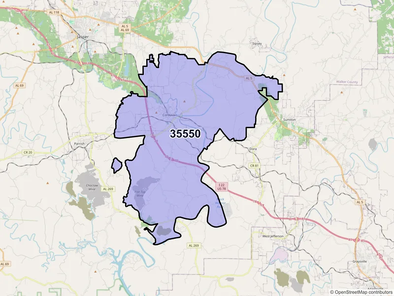 Map of ZIP Code 35550 — Cordova, AL