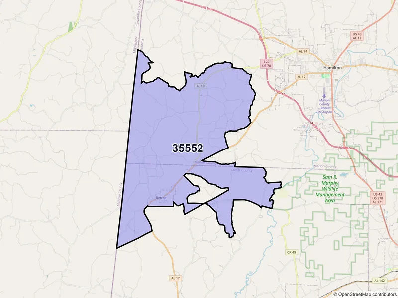 Map of ZIP Code 35552 — Detroit, AL
