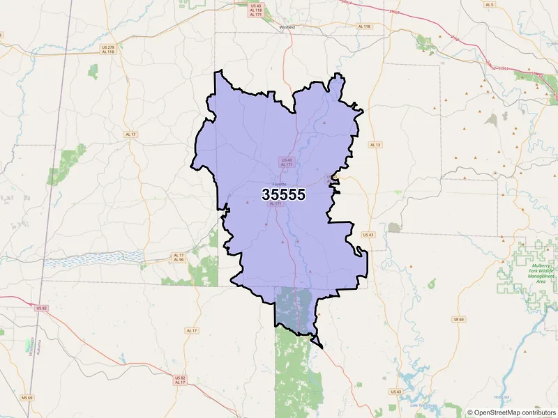 Map of ZIP Code 35555 — Fayette, AL