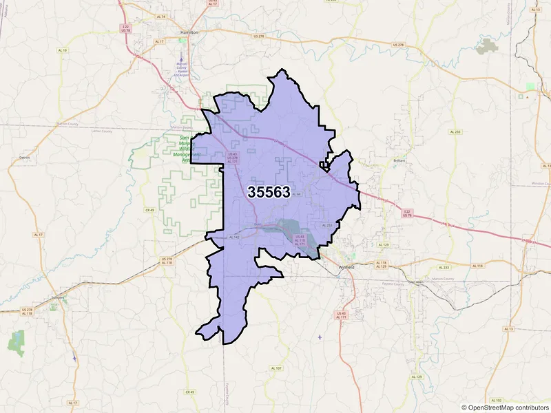 Map of ZIP Code 35563 — Guin, AL