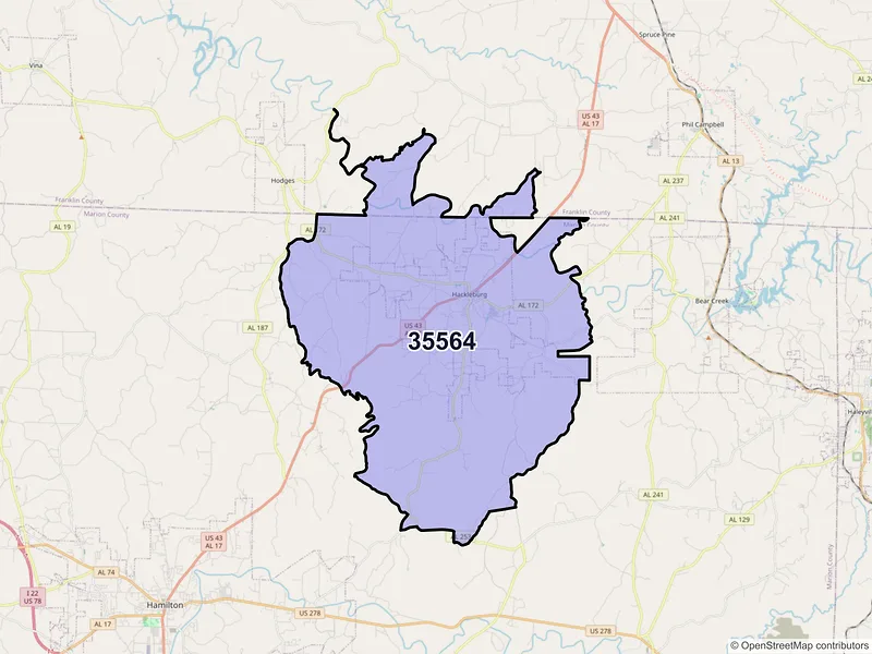 Map of ZIP Code 35564 — Hackleburg, AL