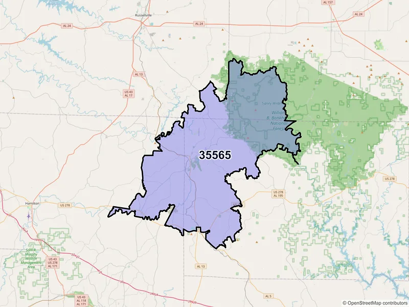 Map of Haleyville, Alabama and ZIP codes