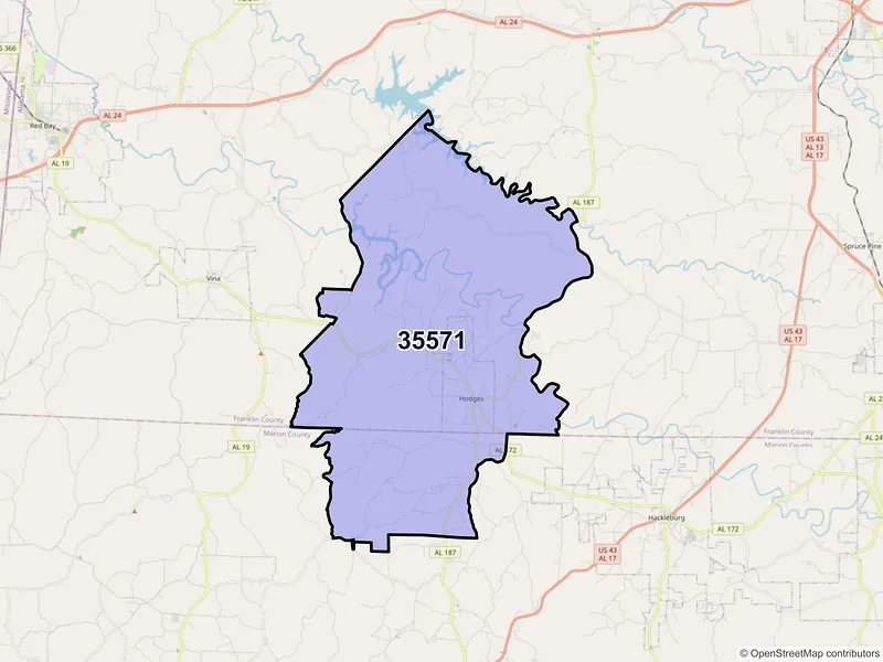 Map of ZIP Code 35571 — Hodges, AL