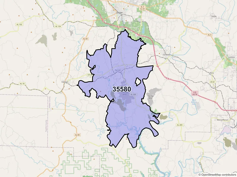 Map of Parrish, Alabama and ZIP codes