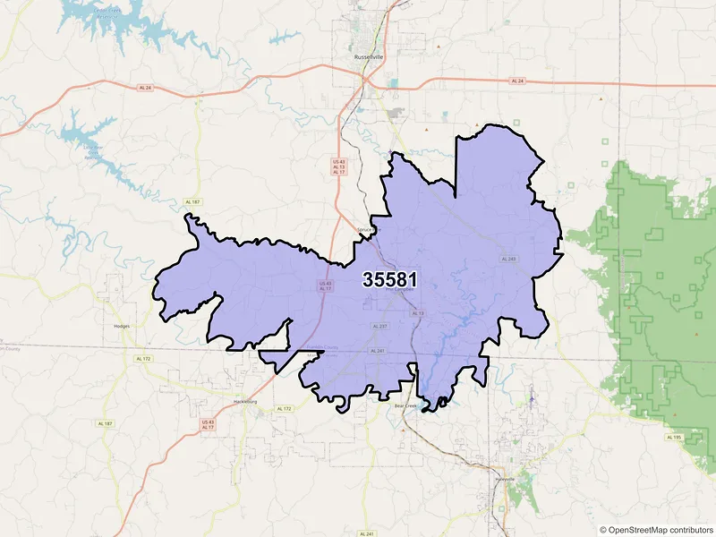 Map of ZIP Code 35581 — Phil Campbell, AL
