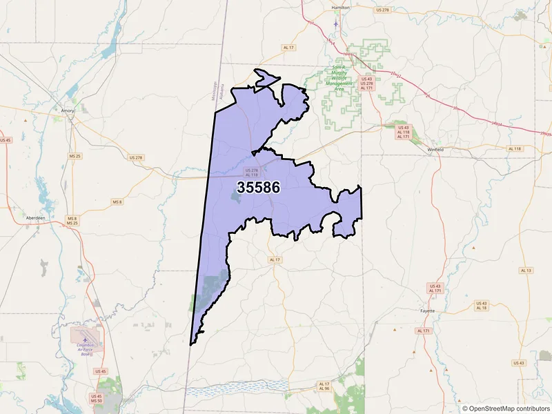Map of ZIP Code 35586 — Sulligent, AL
