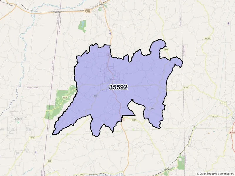 Map of ZIP Code 35592 — Vernon, AL