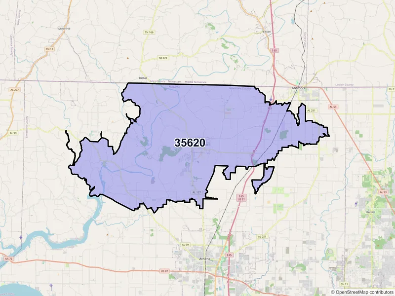 Map of ZIP Code 35620 — Elkmont, AL