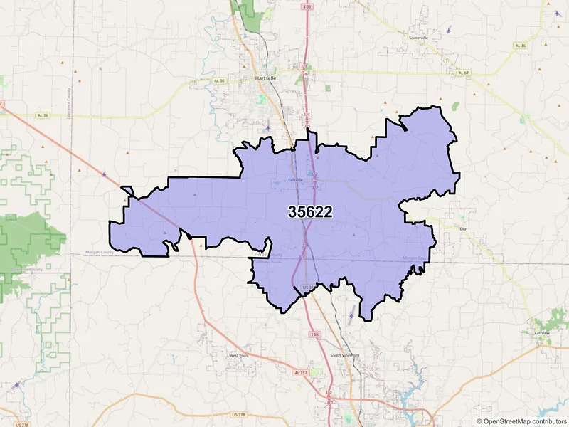 Map of ZIP Code 35622 — Falkville, AL