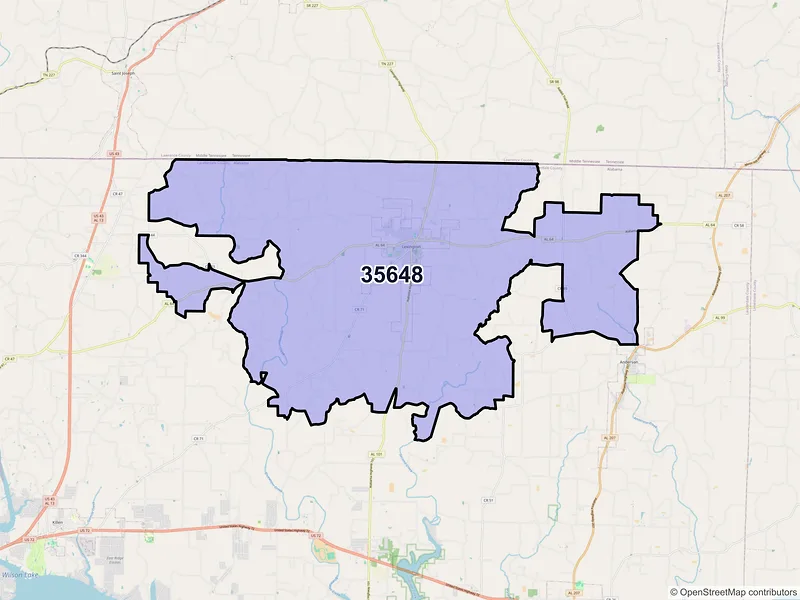 Map of Lexington, Alabama and ZIP codes