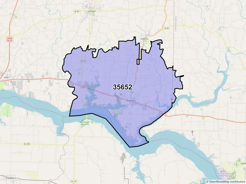 Map of ZIP Code 35652 — Rogersville, AL