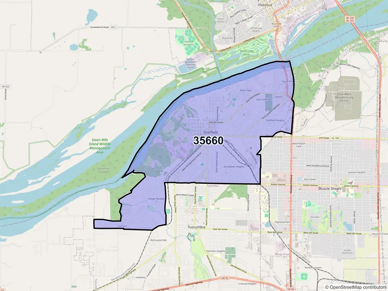Map of Sheffield, Alabama and ZIP codes