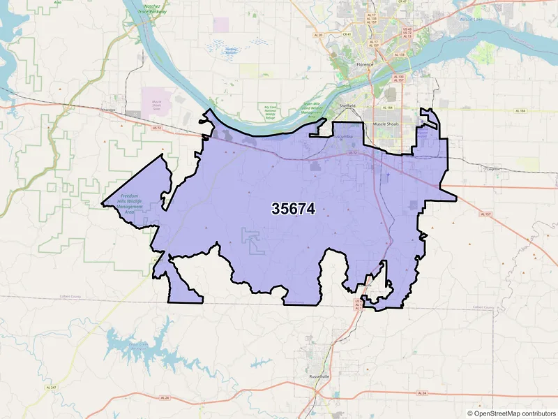 Map of ZIP Code 35674 — Tuscumbia, AL